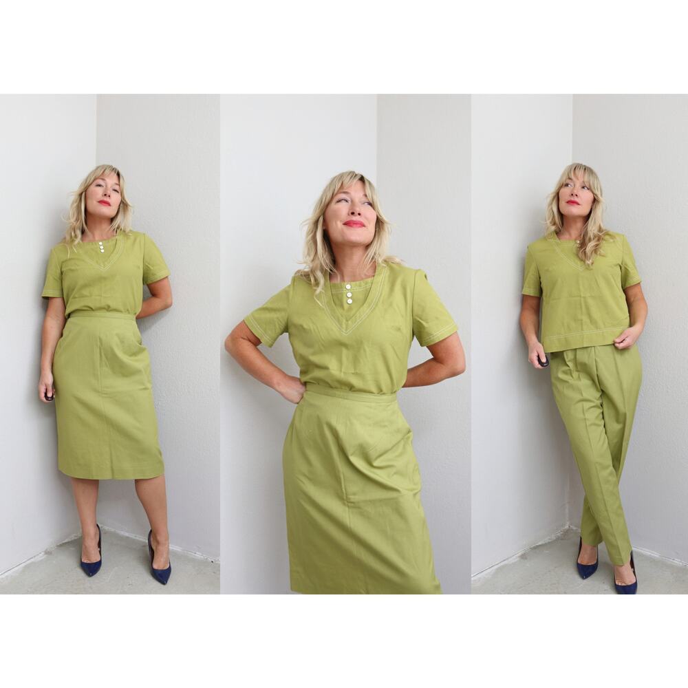 1960's Deadstock 3 Piece Graff Avocado Slacks, Skirt & Blouse Set Women's SM MD